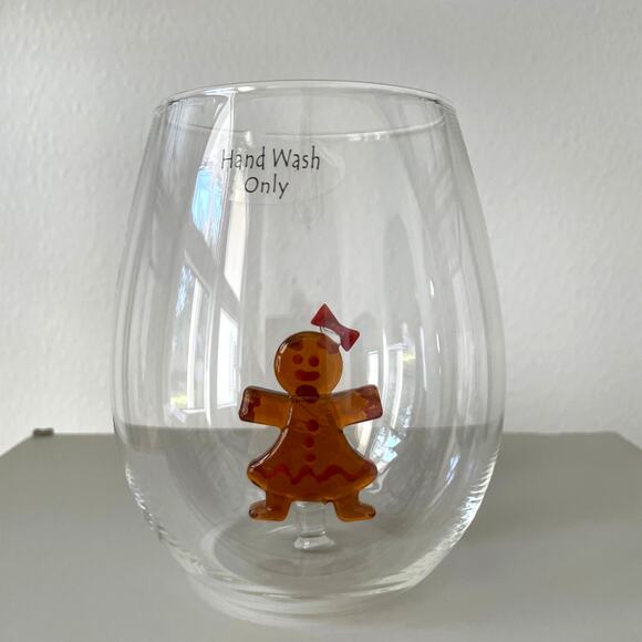 NEIMAN MARCUS Gingerbread Man Stemless Wine Glass Set of 2 Holiday Barware NEW - Picture 9 of 12